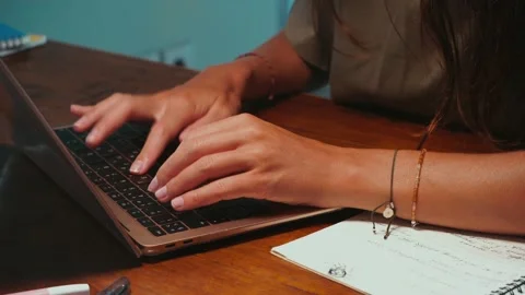 4k.Girl Student Working At A Computer. Close-Up Of Women's Hands Typing  Video stock 139924737