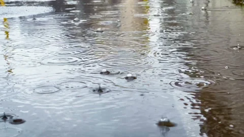 4KRain drops falling in the big puddle making a big bubbles  Stock-Footage 148378295