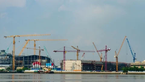 4K:Time-lapse: Crane building site. Power Plant Construction Stock Footage 96030166