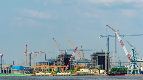 4K:Time-lapse: Crane building site. Power Plant Construction 스톡 동영상 118895208