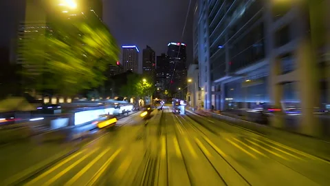 4K.Time lapse Tram fast speed at night at hong kong city china Pov night driving Stock-Footage 132385557