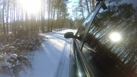 4K.Winter car trip in forest or  park, reflection of trees in  window. POV clip Stockbeeldmateriaal 85543439