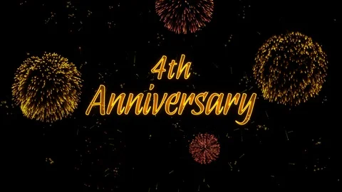 4th Anniversary Greeting text with particles, colored fireworks, sparks Stock Footage 99056672
