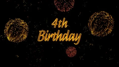 4th Birthday Greeting text with particles, colored fireworks, sparks and stars Stock Footage 99059221