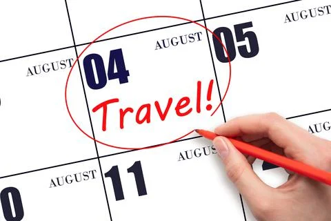 4th day of August. Hand drawing a red circle and writing the text TRAVEL on t Stock Photos