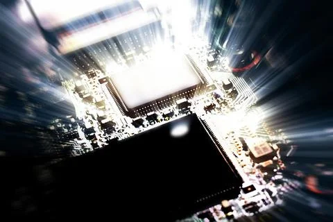 4th industrial digital semiconductor technology and light in electronic circuits Stock Photos