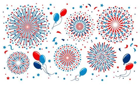 4th July fireworks. Light flashes. Confetti and stars. USA holiday. Red or blue Stock Illustration