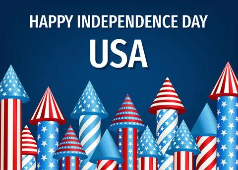 4th of  July  poster  with  firework  rockets  on blue background. 库存插图