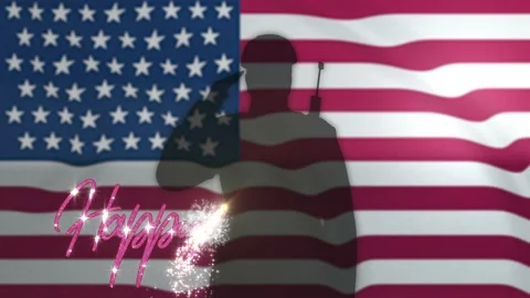 4th Of July Text Animation Soldier silhouette US Military on USA American Flag Stock Footage 133466403