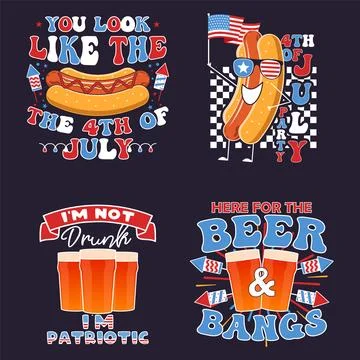 4th of July typography designs set with quotes and elements - hot dog, flags. US イラスト素材