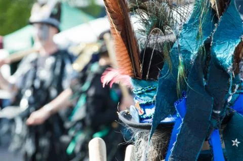 4th May 2019, Upton Upon Severn, UK. A close up of a hat with feathers Stock Photos