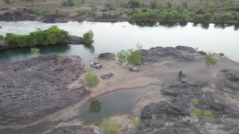 4WD Camping By the Side of the Gigg River in Kimberley Region in Northern Stock Footage 318437624