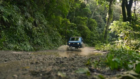 4x4 vehicle driving through a puddle on dirt roads in a rainforest - low, Stock Footage 172565983