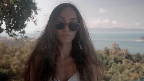 5 in 1 video. young beautiful woman with picturesque view on background Stock Footage 87582856