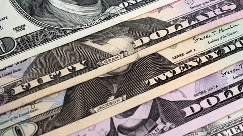 5, 20, 50, 100 dollars. USD bill. Set of American paper banknotes Видео 340427392