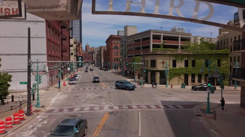 5-30-26, Milwaukee, WI, USA - flying back under gateway to Third Ward Stock Footage 336078110