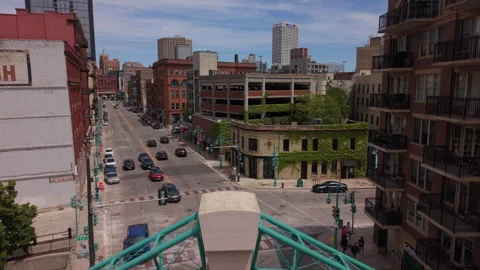 5-30-26, Milwaukee, WI, USA - aerial shot rising over gateway to Third Ward Stock Footage 336080112