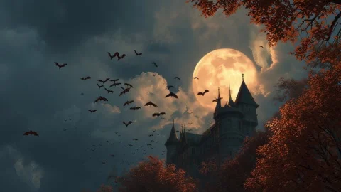 5 46 A haunted castle under a full moon bats flying in the night s 243e05c2 Stock Footage 318235102