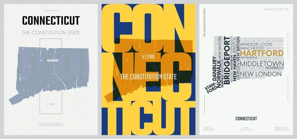 5 of 50 sets, US State Posters with name and Information in 3 Design Styles,  Stock Illustration