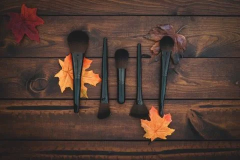 5 assorted makeup brushes on a brown fall background Stock Photos