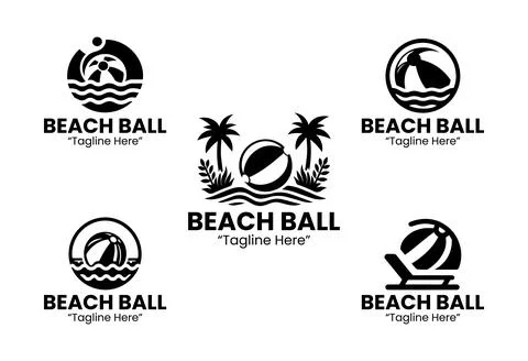 5 Beach Ball Logo Set Modern Minimalist Fun Party Design - Black and White Stock Illustration