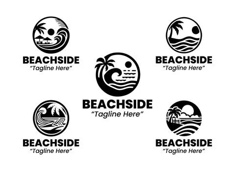 5 Beachside Logo Set Modern Minimalist Fun Party Design - Black and White Illustration