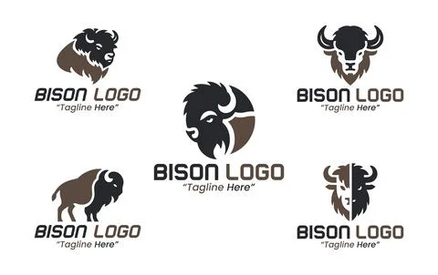 5 Bison Logo Set Brown and Black Color Modern Minimalist Animal Brand Design Stock Illustration