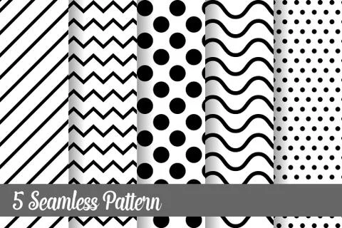 5 Black and white seamless pattern set vector background illustration Stock Illustration