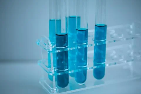 5 blue test tubes placed in a medical tube rack with a white background. Stock Photos