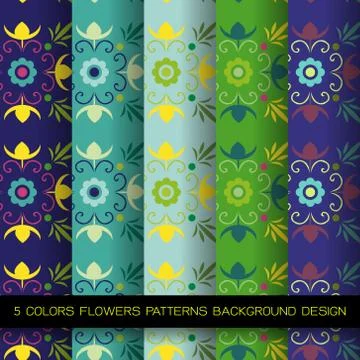 5 colors patterns with flowers Stock Illustration