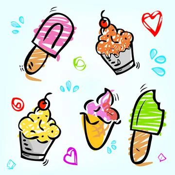 5 cute scribble pink, purple, red, brown, yellow and green, ice cream, stick, Stock Illustration