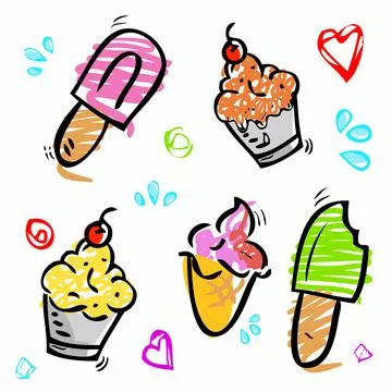 5 cute scribble pink, purple, red, brown, yellow and green, ice cream, stick, Stock Illustration