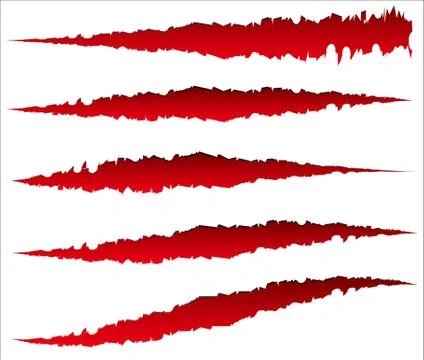 5 different claw scratches, claw marks. Edgy rip, wound shapes. Stock Illustration