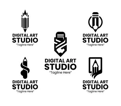 5 Digital Art Studio Logo Set Creative Modern Brand Design Black and White Stock Illustration