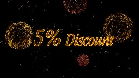5 Discount Greeting text with particles, colored fireworks, sparks and stars Stock Footage 99061901