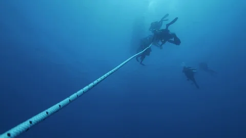 5 divers begin to ascend using the rope with which they descended,Med sea, Italy Stock Footage 115532020