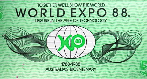 5 dollar World Expo 1988 banknote, Bank of Australia. Exhibition emblem, Glob Stock Photos