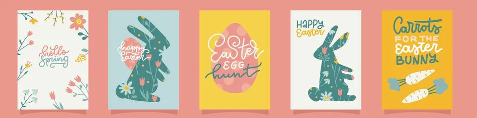 5 Easter card templates set. Rabbit, flowers,carrots and Easter eggs. Flat hand Stock Illustration