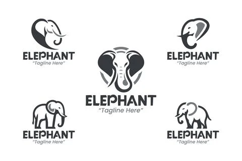 5 Elephant Logo Set Grey Color Modern Minimalist Animal Brand Design Stock Illustration