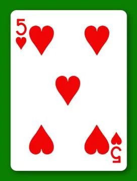 5 Five of Hearts playing card with clipping path to remove background and shadow Stock Illustration