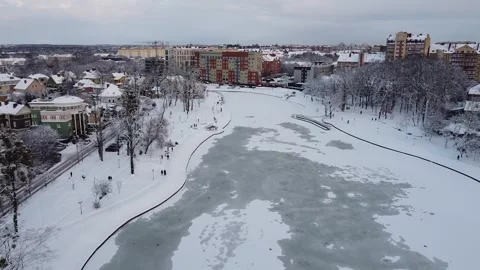 5 flight in winter, quadcopter, river, city, top view, frost, cold Stock Footage 265237213