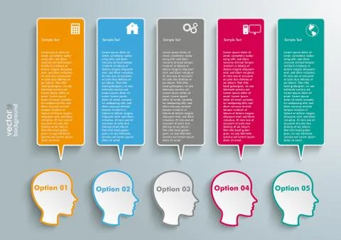 5 heads colored speech bubble banners Stock Illustration