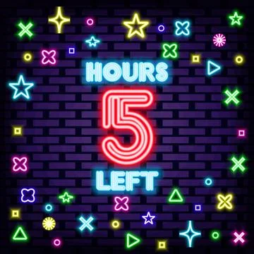5 hours left Neon quote. On brick wall background. Light art. Stock Illustration