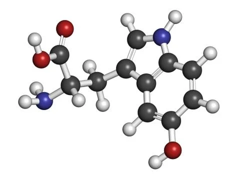 5-hydroxytryptophan (5-htp, oxitriptan) antidepressant, molecular model. Stock Illustration