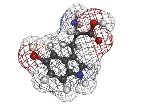 5-hydroxytryptophan (5-htp, oxitriptan) antidepressant, molecular model. Stock Illustration