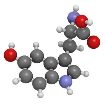 5-hydroxytryptophan (5-htp, oxitriptan) antidepressant, molecular model. Stock Illustration