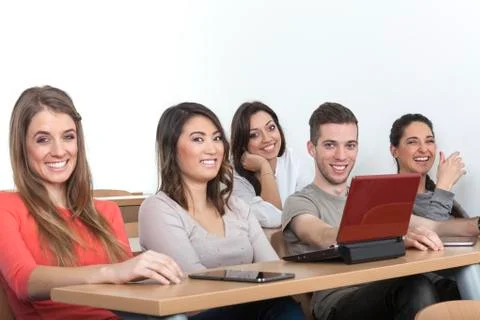 5 laughing students Stock Photos