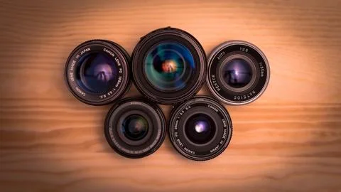 5 lenses top down on a table Foto stock