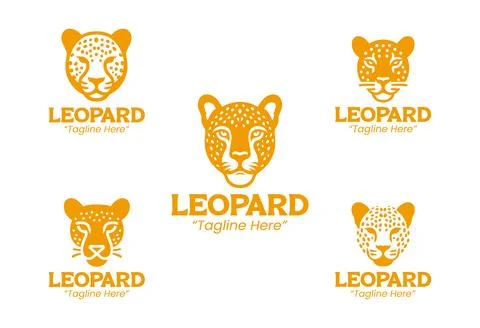 5 Leopard Logo Set Yellow Color Modern Minimalist Animal Brand Design Stock Illustration