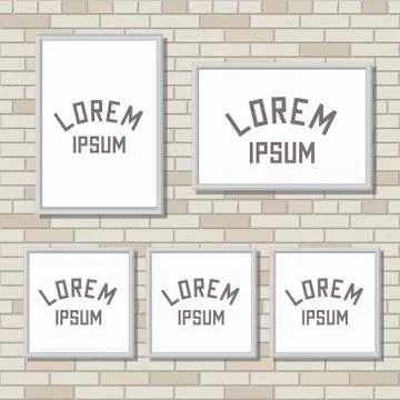 5 mock up frames on light brick wall, vector illustration, 3X4, 4X3, square Stock Illustration